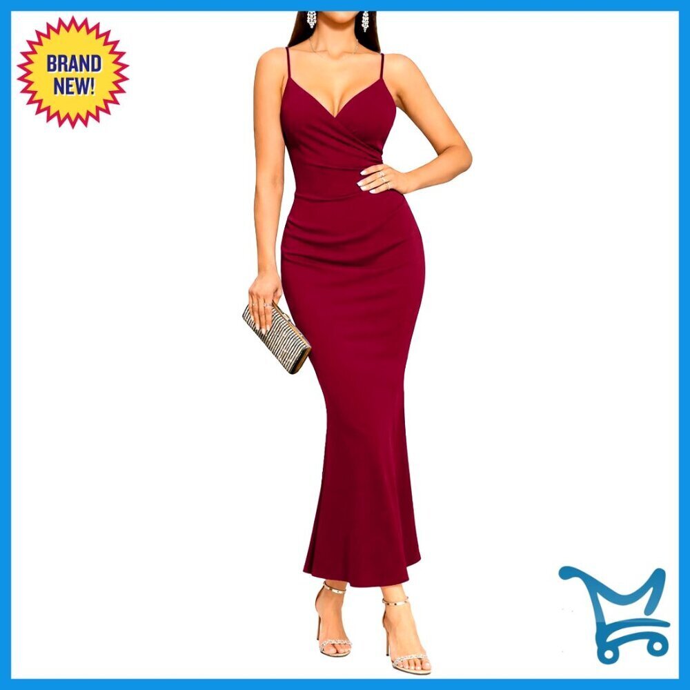 Elegant Formal Mermaid Maxi Dress V Neck Spaghetti Strap Wrap Ruched Bodycon